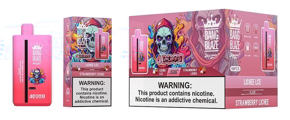 A colorful and eye-catching vape packaging featuring a pink vape device labeled 'Bang Blaze' on the left, and a large box on the right displaying vibrant graphics of a skull with a hood, along with product information and warnings about nicotine addiction, indicating flavors 'Lichee LCE' and 'Strawberry Lichee'.