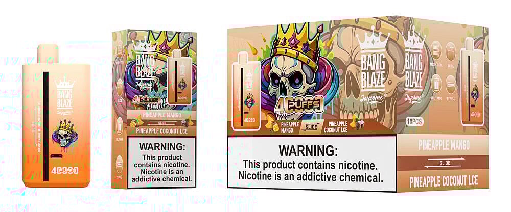The image showcases a Bang Blaze vaping product featuring a colorful design with a skull wearing a crown, along with packaging details indicating flavors such as Pineapple Mango and Pineapple Coconut Ice, and includes a nicotine warning label.