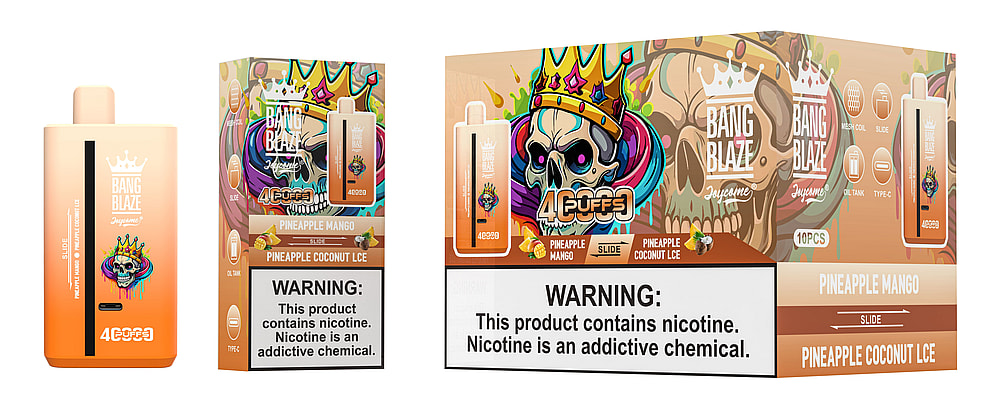 The image showcases a Bang Blaze vaping product featuring a colorful design with a skull wearing a crown, along with packaging details indicating flavors such as Pineapple Mango and Pineapple Coconut Ice, and includes a nicotine warning label.
