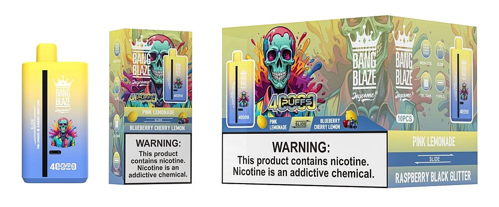 A colorful packaging display for Bang Blaze disposable vapes, featuring a blue and yellow vape device with a skull logo, surrounded by illustrations of lemon and mixed berries, and prominent warning labels about nicotine.