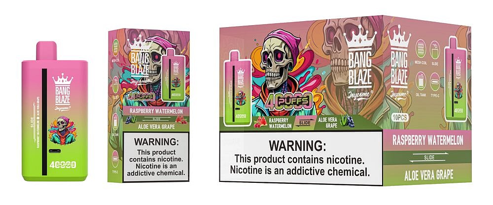 A colorful packaging design for Bang Blaze disposable vape highlighting the flavors Raspberry Watermelon and Aloe Vera Grape, featuring a vibrant illustration of a skull wearing a hoodie surrounded by abstract graphics, and a prominent warning label about nicotine addiction.