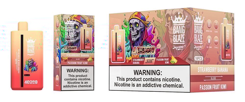 A colorful vape device and box packaging labeled "Bang Blaze" featuring vibrant graphics including a skull and fruits, with warnings about nicotine and details on flavors like Strawberry Banana and Passion Fruit Kiwi.