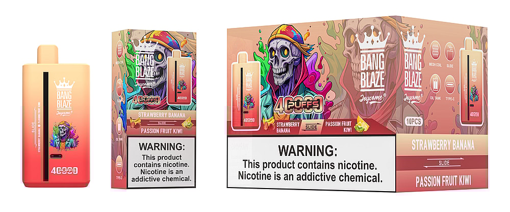 A colorful vape device and box packaging labeled "Bang Blaze" featuring vibrant graphics including a skull and fruits, with warnings about nicotine and details on flavors like Strawberry Banana and Passion Fruit Kiwi.