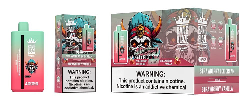A vibrant packaging design for Bang Blaze Joycome vape pods featuring a skull with a crown and colorful horns, with labels highlighting flavors 'Strawberry Ice Cream' and 'Strawberry Vanilla', accompanied by a nicotine warning.