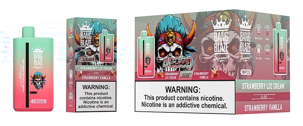 A vibrant packaging design for Bang Blaze Joycome vape pods featuring a skull with a crown and colorful horns, with labels highlighting flavors 'Strawberry Ice Cream' and 'Strawberry Vanilla', accompanied by a nicotine warning.