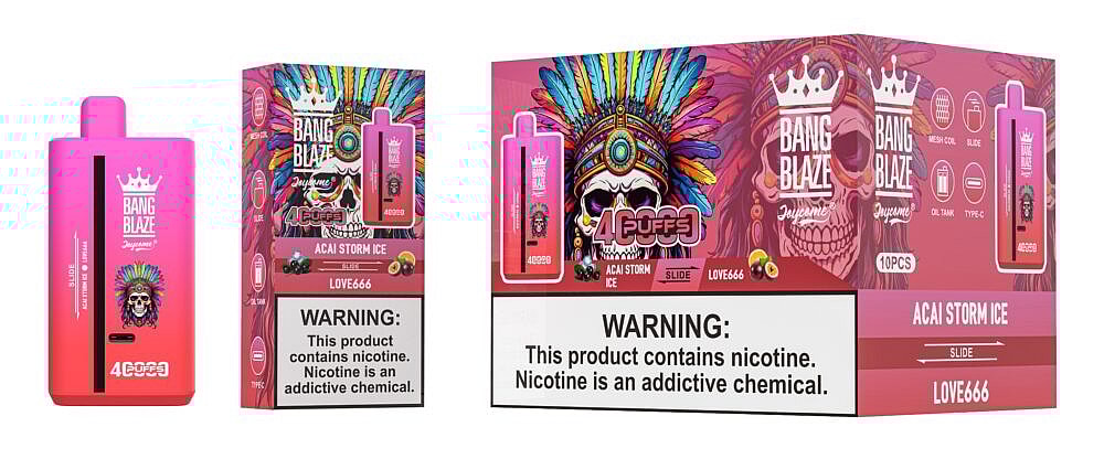 A vibrant packaging design for Bang Blaze vaping products featuring a stylized skull with a feathered headdress, emphasizing the flavor 'Acai Storm Ice', alongside a warning about nicotine's addictive nature.