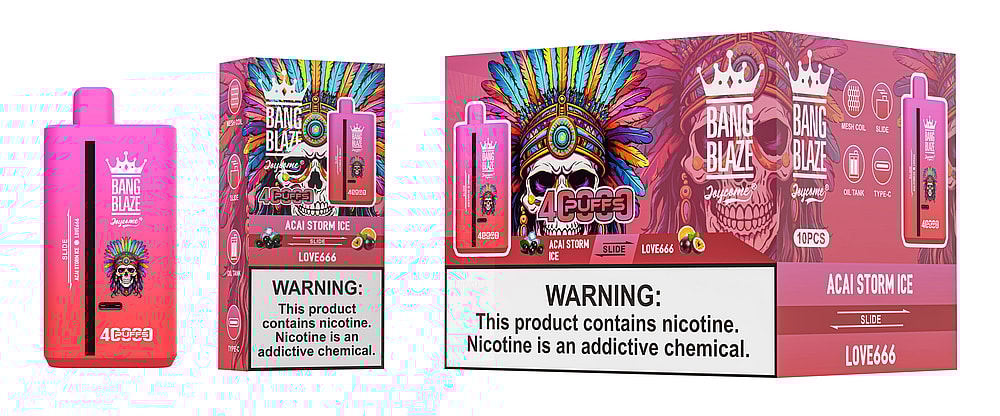 A vibrant packaging design for Bang Blaze vaping products featuring a stylized skull with a feathered headdress, emphasizing the flavor 'Acai Storm Ice', alongside a warning about nicotine's addictive nature.