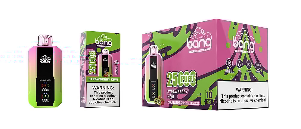 A pink and green vape device with "Bang" branding next to a matching box displaying "25,000 puffs," "Strawberry Kiwi" flavor, and nicotine warning label.