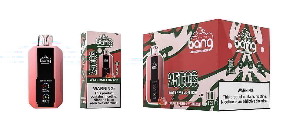 Disposable vape device and packaging featuring "Bang" branding, watermelon ice flavor, and a warning label about nicotine addiction.