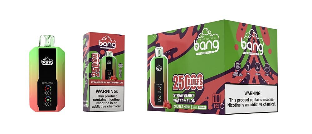 Disposable vape device packaging with a green and red gradient design, labeled "Bang" and "Strawberry Watermelon," featuring warnings about nicotine content.