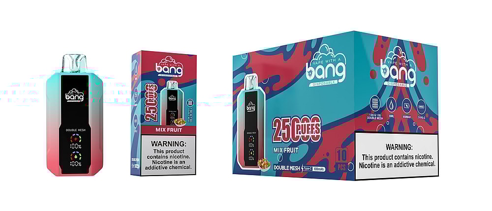 Packaging of "Bang" disposable vape with a "Mix Fruit" flavor, featuring a device and box with colorful design elements, 25,000 puffs label, and a nicotine addiction warning.