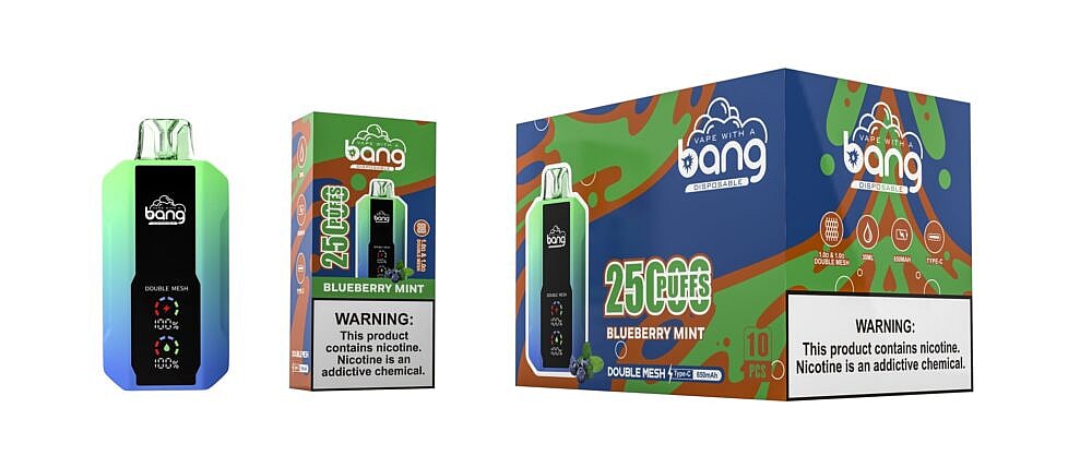 Disposable vape device and packaging featuring the brand "Bang," with "Blueberry Mint" flavor, offering 25,000 puffs, and a warning about nicotine being an addictive chemical.