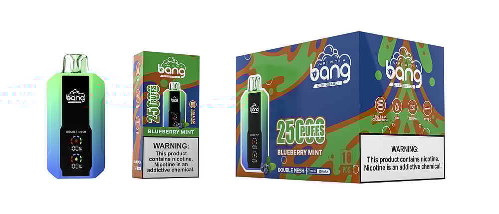 Disposable vape device and packaging featuring the brand "Bang," with "Blueberry Mint" flavor, offering 25,000 puffs, and a warning about nicotine being an addictive chemical.
