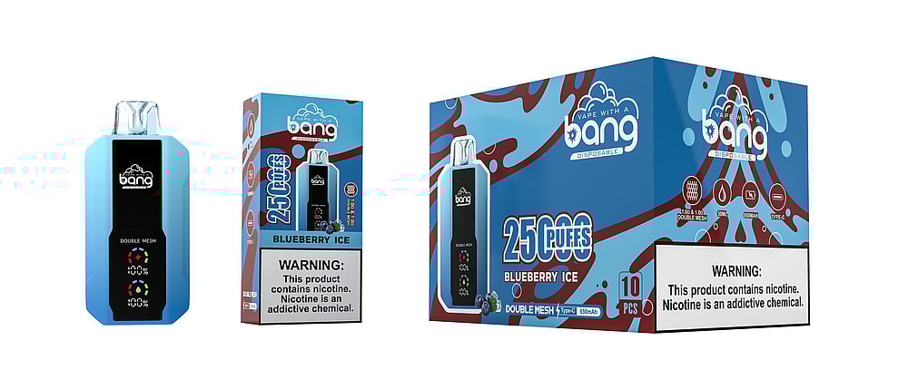 Bang disposable vape with a "Blueberry Ice" flavor, featuring 25,000 puffs, a double mesh coil, and a warning label about nicotine addiction.