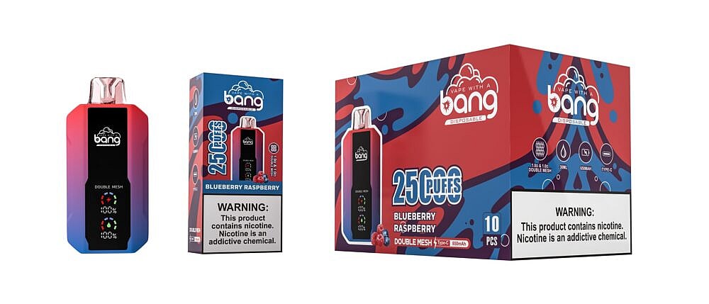 Bang disposable vape device packaging with "Blueberry Raspberry" flavor, displaying "25,000 puffs" and a nicotine warning label.