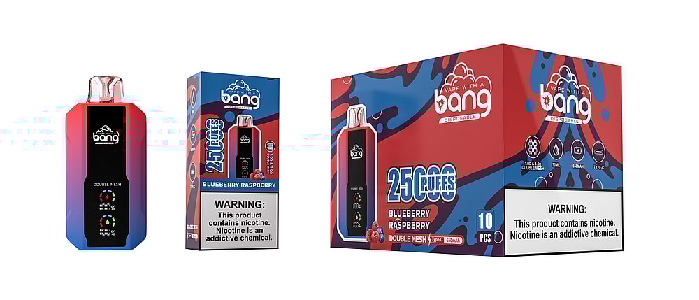 Bang disposable vape device packaging with "Blueberry Raspberry" flavor, displaying "25,000 puffs" and a nicotine warning label.