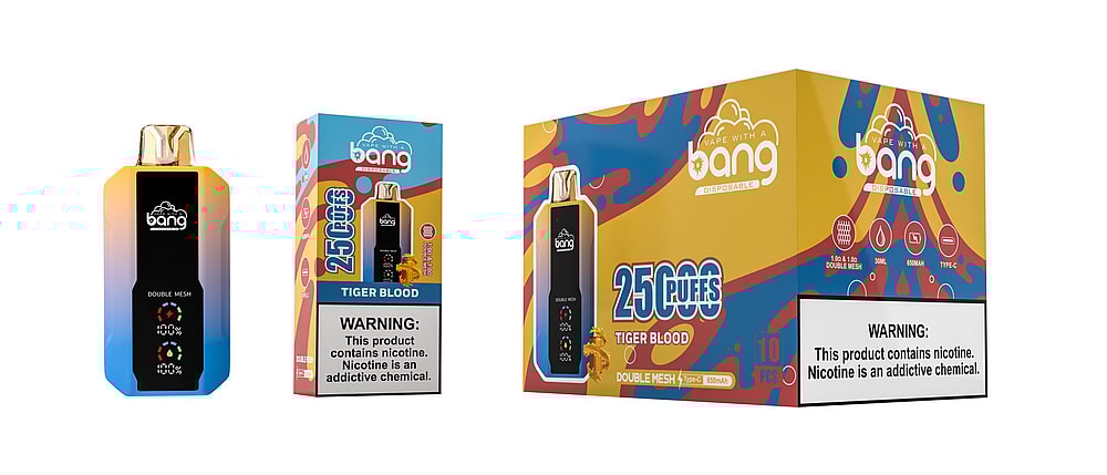 Bang disposable vape device and packaging, featuring "Tiger Blood" flavor with 25,000 puffs and nicotine warning labels.