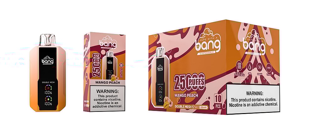 Bang disposable vape with a mango peach flavor, featuring 25,000 puffs, double mesh, and Type-C charging. Warning label states the product contains nicotine, an addictive chemical.