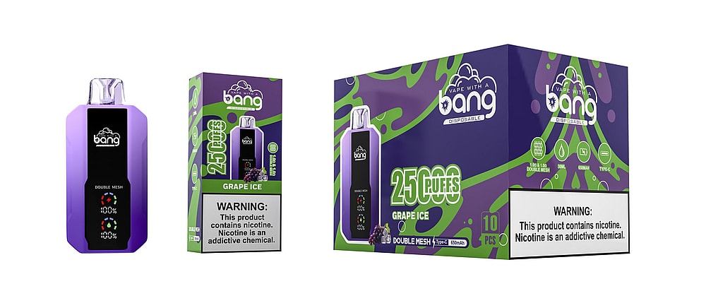 Purple disposable vape device with "Bang" branding, labeled "Grape Ice" and "25,000 puffs," with a nicotine warning at the bottom.