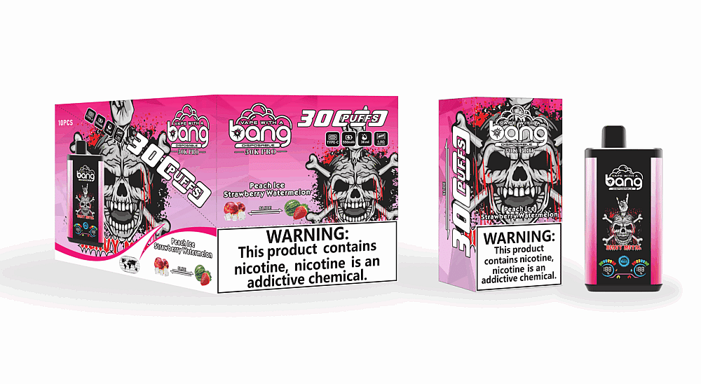 Embalagem do vape descartável "Vape With A Bang 30K Pro", com design de caveira e logo da marca. Inclui avisos sobre dependência de nicotina e descrições de sabores como Pêssego Gelado e Morango Melancia.