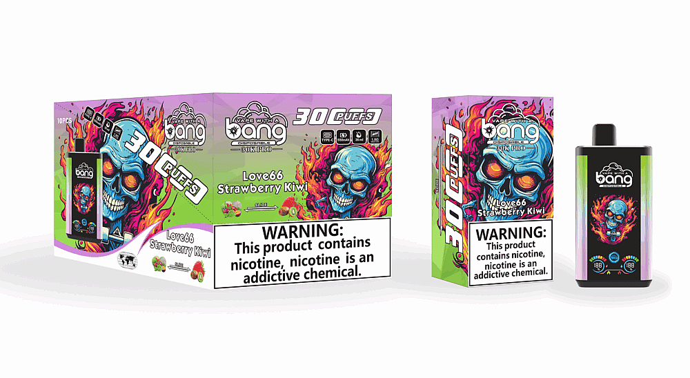Embalagem descartável para vape Bang com um design vibrante de caveira flamejante, etiquetada com "Love66 Strawberry Kiwi" e "30 puffs", além de um aviso sobre dependência de nicotina.