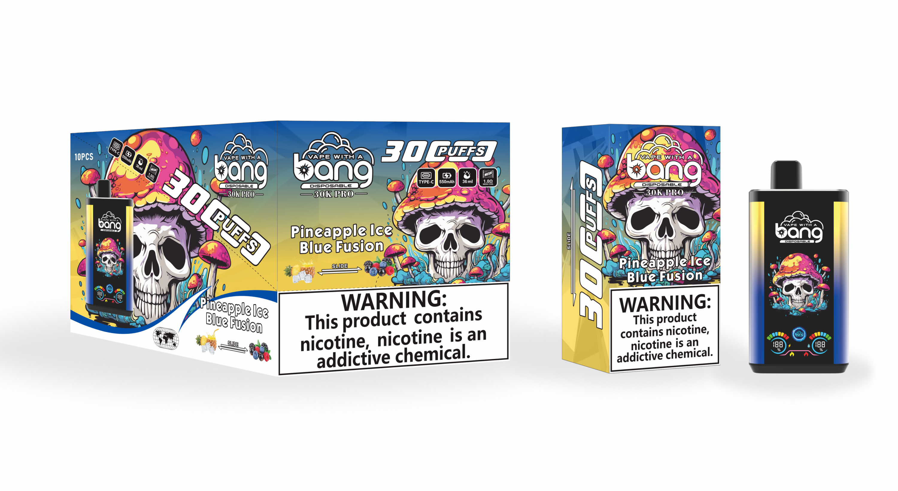 Confezione per lo svapo "Bang 30K PRO Disposable", raffigurante un teschio con un design di fungo psichedelico. Il sapore è "Pineapple Ice Blue Fusion" e pubblicizza 30 tiri con un avviso di nicotina visualizzato.