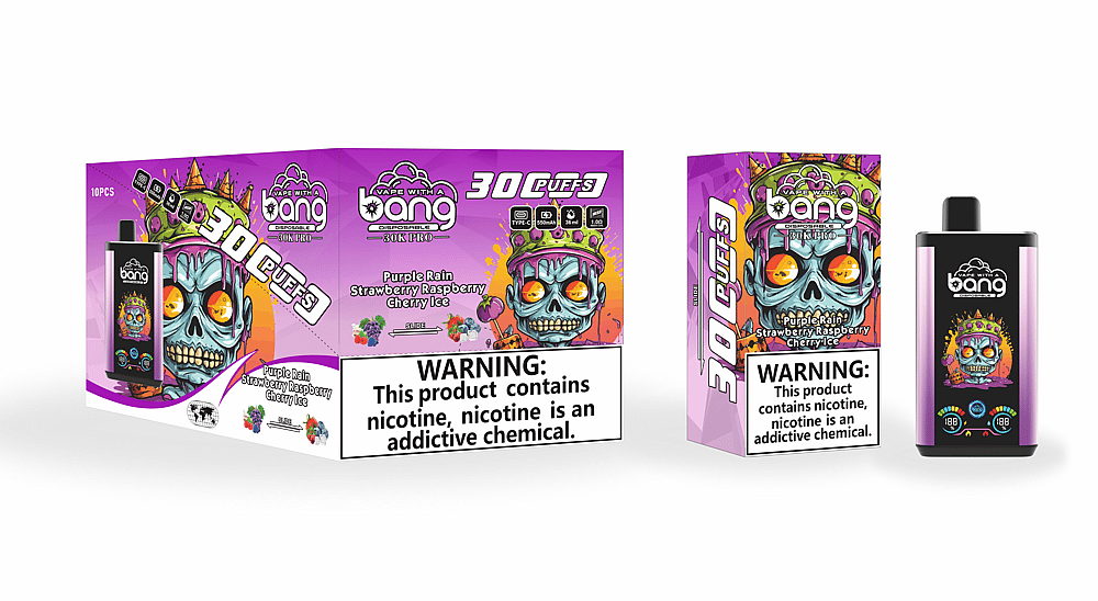 Confezione di una sigaretta elettronica usa e getta etichettata "Vape with a Bang", raffigurante un teschio colorato con una corona. La scatola evidenzia "30.000 puff", le opzioni di gusto "Purple Rain, Strawberry Raspberry, Cherry Ice" e include avvertenze sulla nicotina.