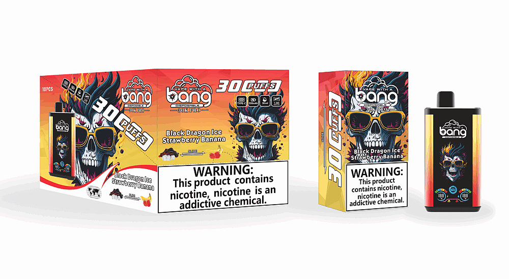 Embalagem e um dispositivo de vaporização para "Vape With a Bang" com uma caveira colorida usando óculos escuros, destacando "30K Puffs" com sabor "Black Dragon Ice Strawberry Banana" e um rótulo de advertência sobre dependência de nicotina.