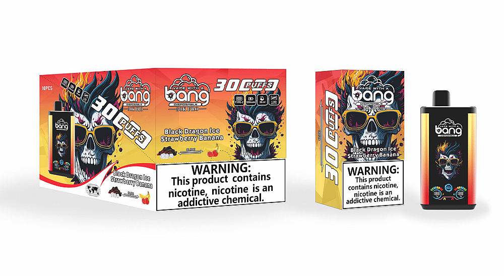 Confezione e dispositivo per svapare "Vape With a Bang" raffiguranti un teschio colorato che indossa occhiali da sole, la scritta "30K Puffs" con aroma "Black Dragon Ice Strawberry Banana" e un'etichetta di avvertenza sulla dipendenza da nicotina.