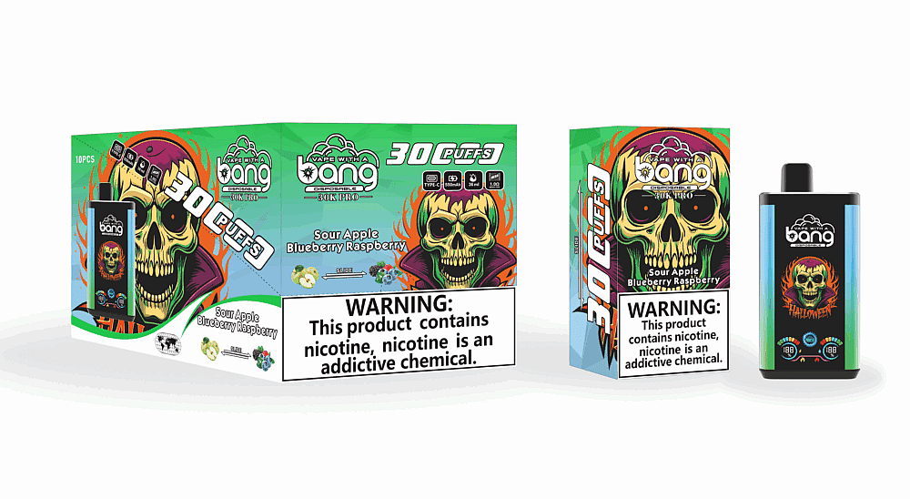 Embalagem do vaporizador descartável Bang com caveira temática de Halloween, texto indicando 30 tragadas e sabor Maçã Azeda, Mirtilo e Framboesa. O rótulo de advertência sobre dependência de nicotina está em destaque.