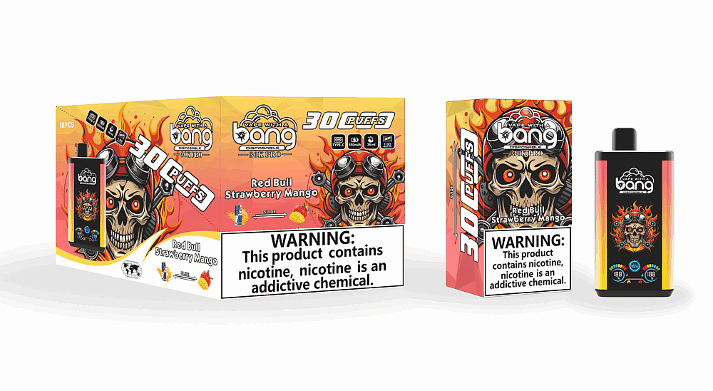 Embalagem para o vaporizador descartável "Bang" com modelo 30K Pro, sabor Red Bull Morango Manga. O design inclui uma caveira com óculos e chamas, além de detalhes do produto e um rótulo de advertência sobre nicotina.