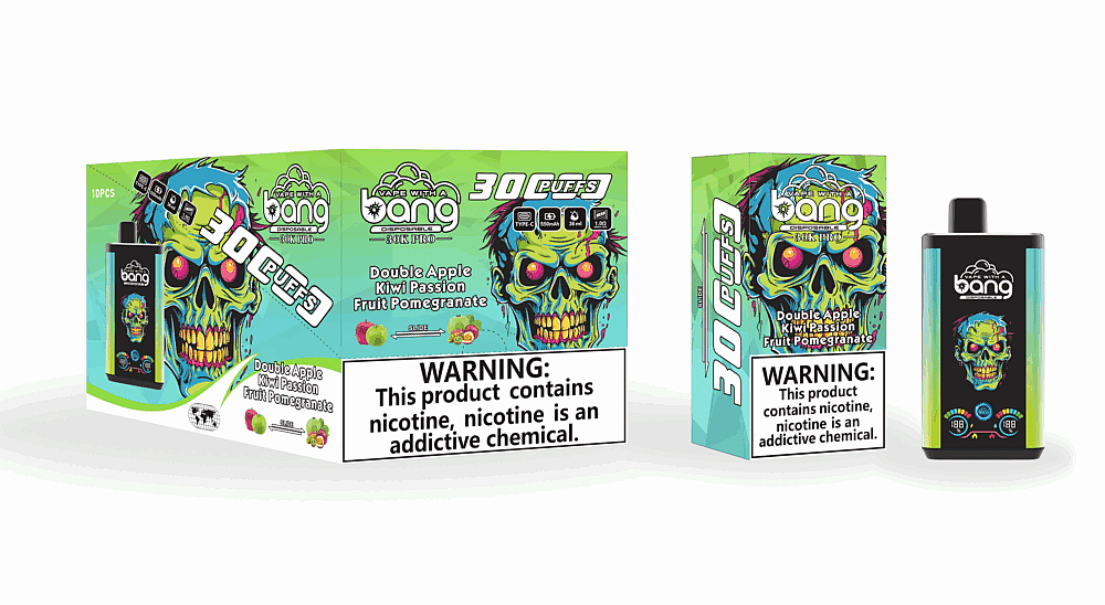 Embalagem do vaporizador Bang Disposable 30K Pro, com uma ilustração colorida de caveira. O sabor é "Duplo Maçã Kiwi Maracujá Romã" com um aviso: "Este produto contém nicotina, a nicotina é uma substância química que causa dependência."