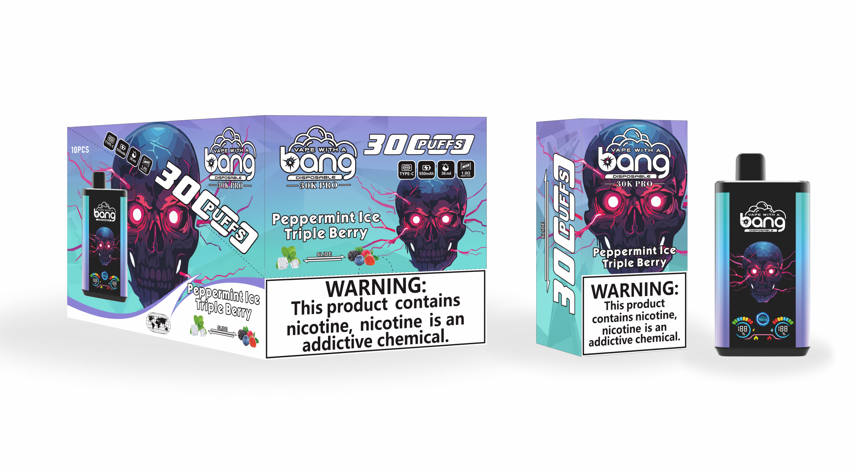 Confezione e immagine del prodotto della sigaretta elettronica usa e getta Bang 30K PRO al gusto Peppermint Ice Triple Berry, caratterizzata da un teschio stilizzato con occhi rossi luminosi, la scritta "30 PUFFS" in evidenza e un'etichetta di avvertenza sulla nicotina.
