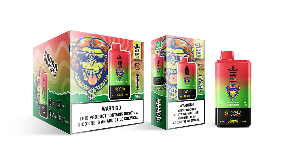 A colorful vape packaging featuring the Bang King brand, showcasing a bright design with a cartoon monkey head wearing sunglasses and gold chains, prominently displaying "50000 PUFFS" and flavor details such as "Watermelon Ice Blueberry Mint."