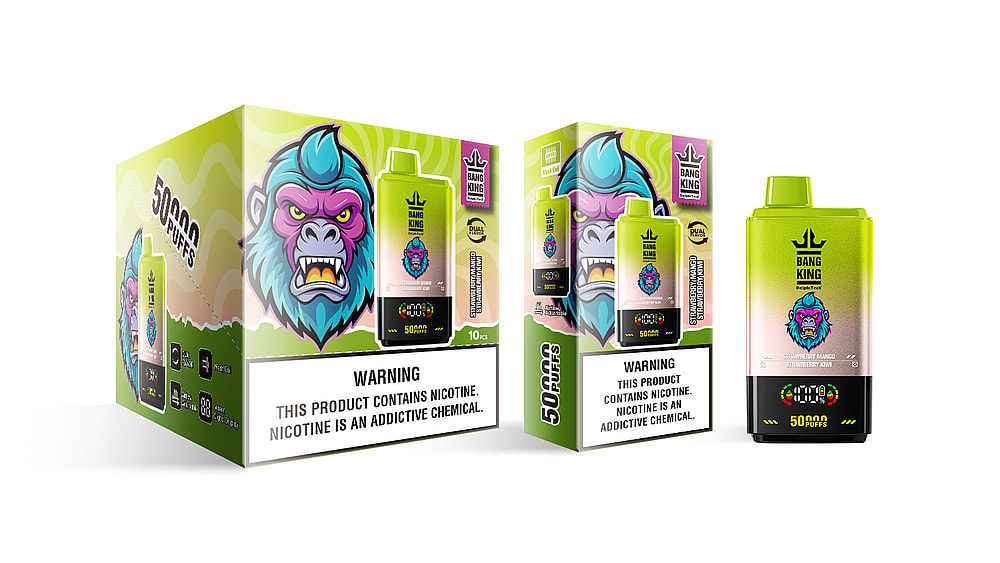 A product box and vaping device by Bang King featuring a vibrant gorilla graphic, highlighting flavors of Strawberry Mango and Strawberry Kiwi, with a warning label about nicotine addiction and a claim of 50,000 puffs.