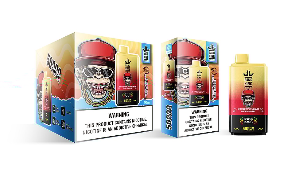 A colorful product display featuring two boxes of Bang King vape products labeled '50,000 PUFFS', with a cartoon monkey character in sunglasses and a red hat, highlighting flavors like 'Strawberry Watermelon Black Dragon Ice' and including cautionary nicotine warnings.