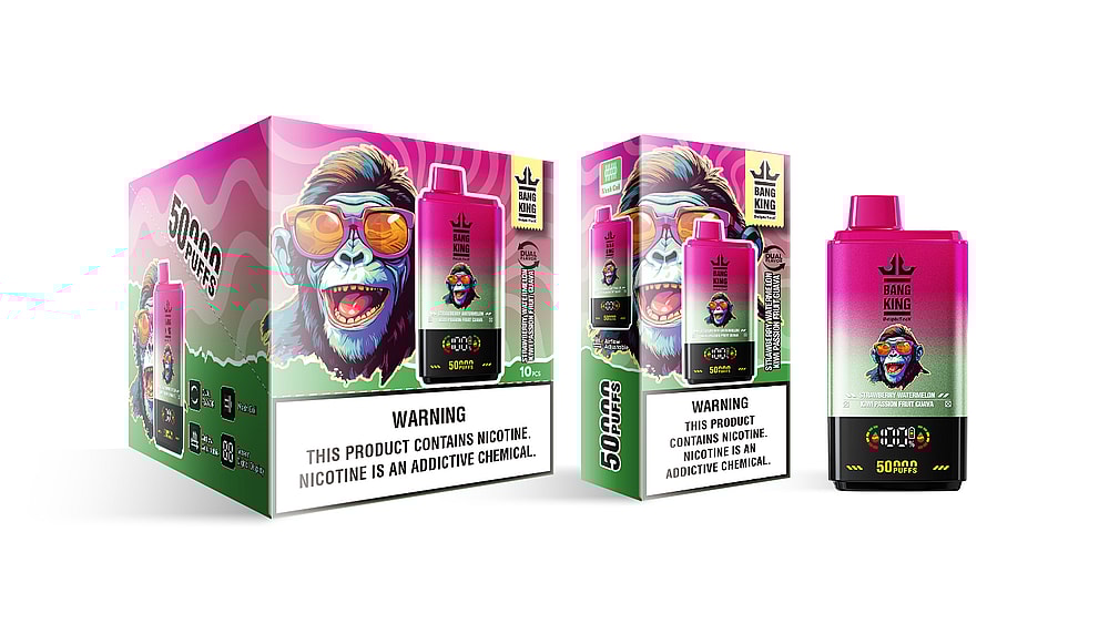 A colorful packaging for a Bang King vape product featuring vibrant graphics of a monkey wearing sunglasses, labeled with '50,000 PUFFS' and 'Strawberry Watermelon Kiwi Passion Fruit Guava', alongside a warning about nicotine addiction.