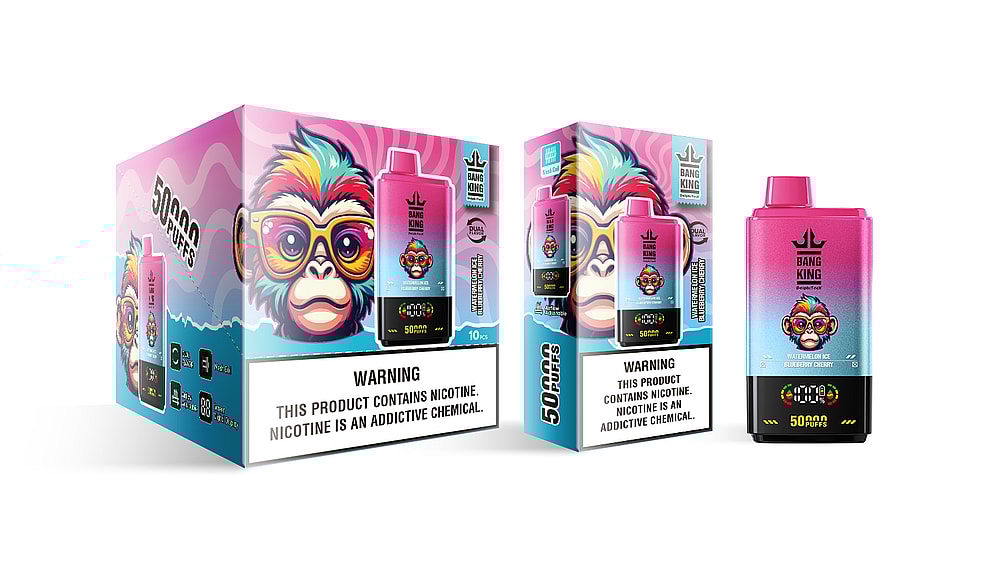 A colorful box and container of the Bang King vape product, featuring a vibrant design with a cartoonish monkey face and bold text stating '5000 PUFFS' and flavor details like 'Watermelon Ice Blueberry Cherry', alongside prominent nicotine warning labels.