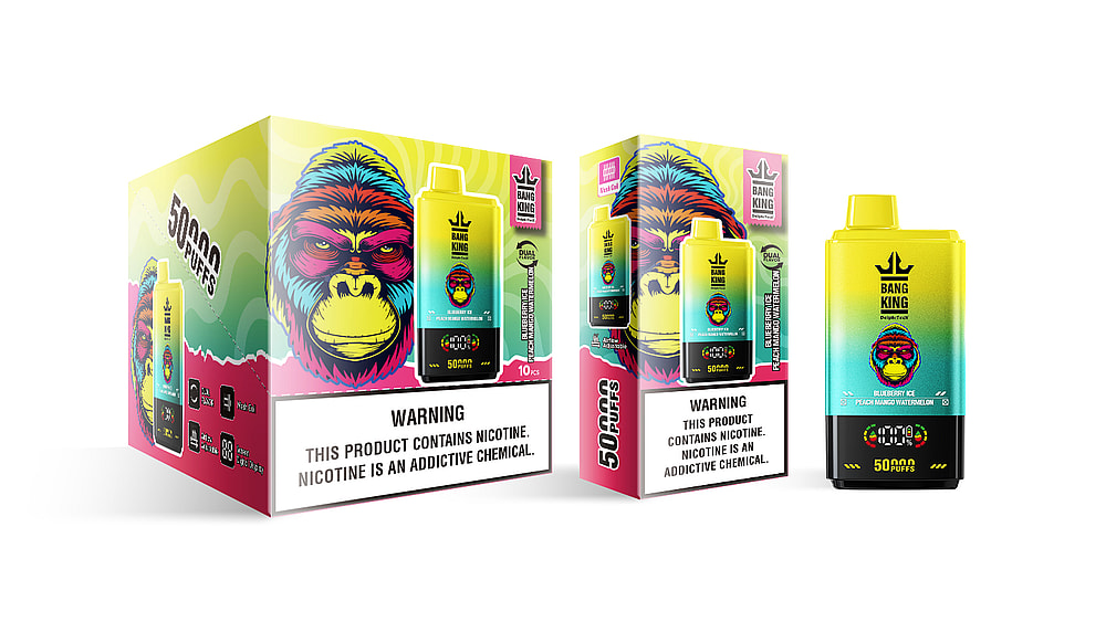 A brightly colored vaping product box featuring the brand name 'Bang King' and graphics of a colorful monkey face, with labels indicating flavors such as 'Blueberry Ice' and 'Peach Mango Watermelon'; also includes a bold warning about nicotine addiction.