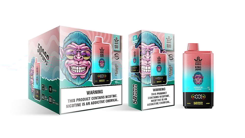 A colorful packaging design for a vaping product labeled 'Bang King,' featuring an illustration of a cartoon character's head, with prominent text stating '5000 PUFFS' and warnings about nicotine addiction, alongside product specifications and flavor descriptions such as 'Blueberry Ice Peach Ice.'