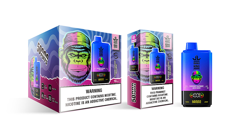 Two Bang King disposable vape boxes featuring a colorful monkey graphic, labeled "Blueberry Raspberry Mixed Berry" and "50,000 Puffs" on a vibrant background with warning labels about nicotine.