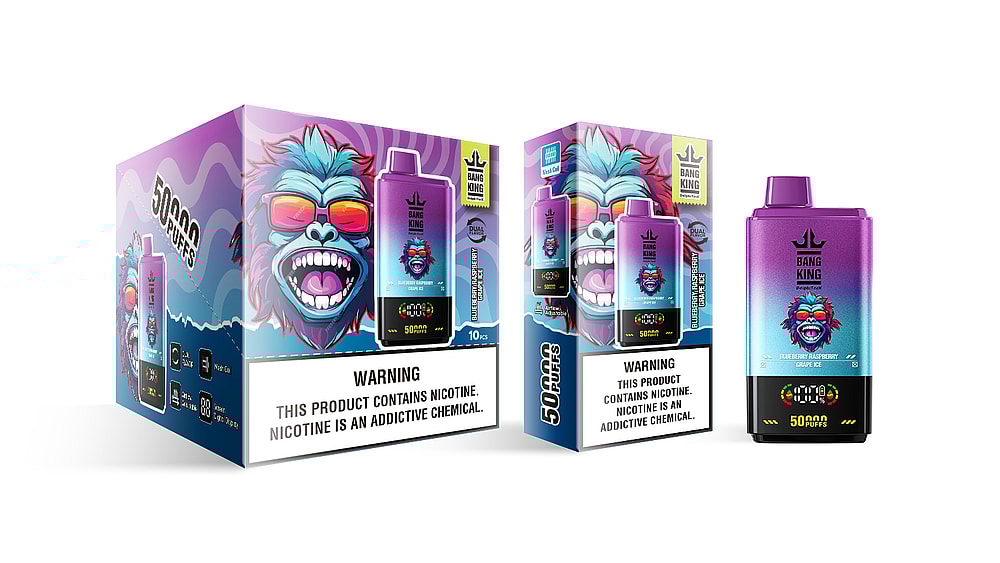 A colorful product display featuring two boxes of Bang King disposable vape pens, each prominently displaying a cartoon gorilla head with sunglasses and featuring labels indicating flavors like Blueberry Raspberry and Grape Ice, along with a warning about nicotine addiction.