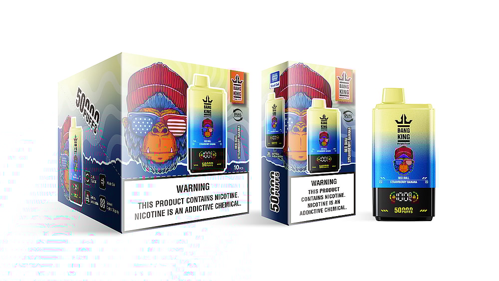 A colorful display of two vape packaging designs featuring a cartoon gorilla wearing red sunglasses and a red beanie, labeled "Bang King" and highlighting the flavor "Red Bull Strawberry Banana" with prominent warnings about nicotine addiction, alongside product features like "50,000 puffs" and various symbols indicating technology specifications.