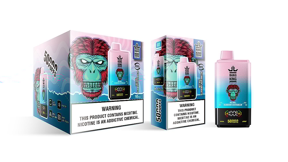 A colorful packaging design for a Bang King disposable vape, featuring a prominent graphic of a monkey's face, with the text '50,000 PUFFS' and flavor description 'RED BULL BLUEBERRY WATERMELON' visible, alongside health warning labels regarding nicotine addiction.