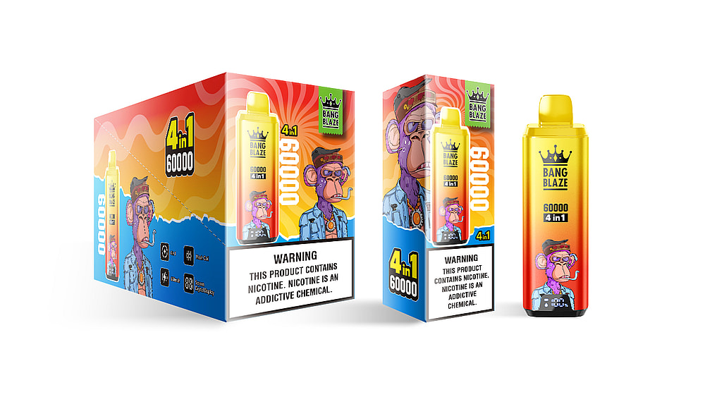 A colorful vaping product packaging featuring a cartoon monkey character wearing a cap and sunglasses, labeled 'BANG BLAZE 60000 4 in 1', with warning statements about nicotine addiction in bold text.