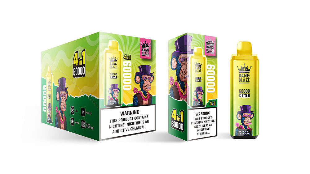 Un paquete de colores brillantes del dispositivo de vapeo Bang Blaze 4 en 1, que presenta un mono de dibujos animados con un sombrero de copa y gafas de sol, acompañado de una etiqueta de advertencia prominente sobre la nicotina; el paquete muestra un texto en negrita que indica '60000' y las especificaciones del producto.