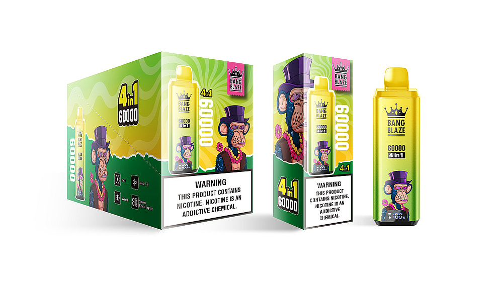 A brightly colored package of the Bang Blaze 4-in-1 vape device, featuring a cartoon monkey wearing a top hat and sunglasses, accompanied by a prominent warning label about nicotine; the package displays bold text indicating '60000' and the product specifications.