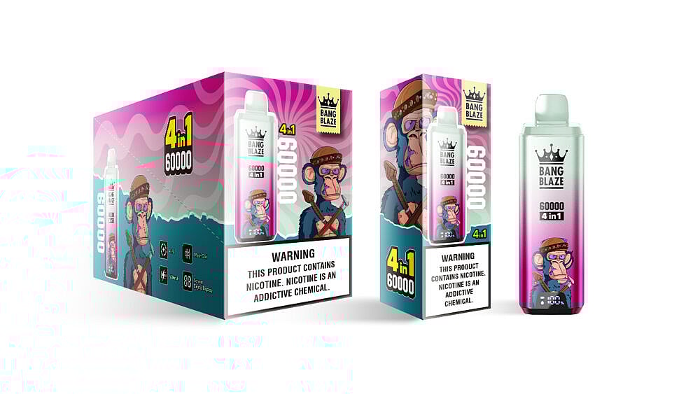 Un empaque colorido de un producto de vapeo Bang Blaze, en el que se destaca un personaje de dibujos animados de un mono con gafas y sombrero, con el texto '4 en 1 60000' y una advertencia sobre la adicción a la nicotina.