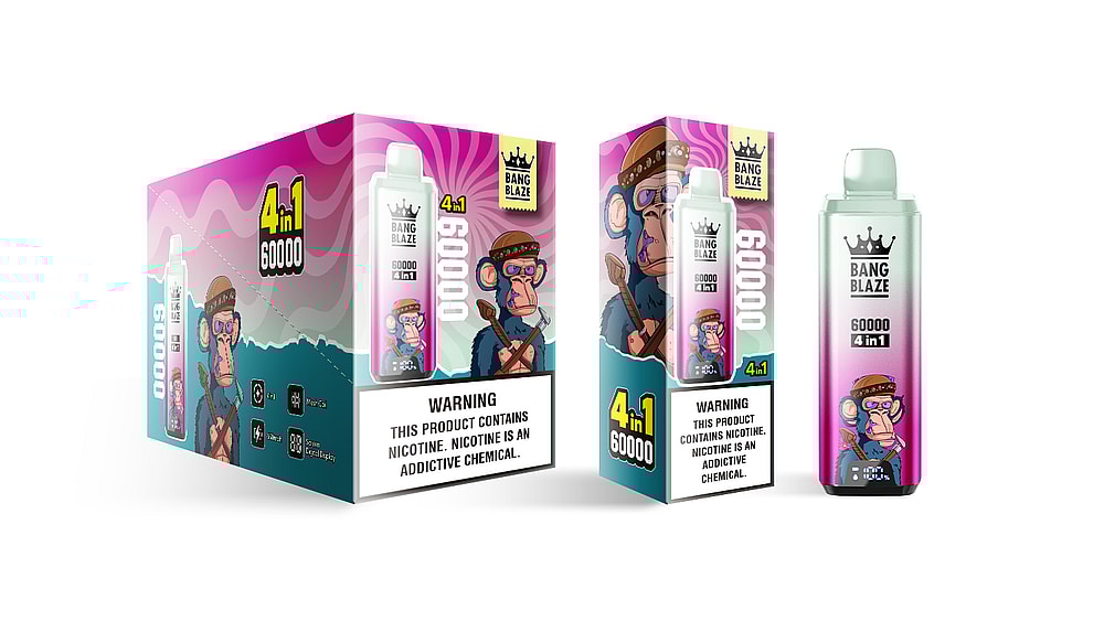 A colorful packaging of a Bang Blaze vape product, prominently featuring a cartoon monkey character wearing glasses and a hat, with the text '4 in 1 60000' and a warning about nicotine addiction.
