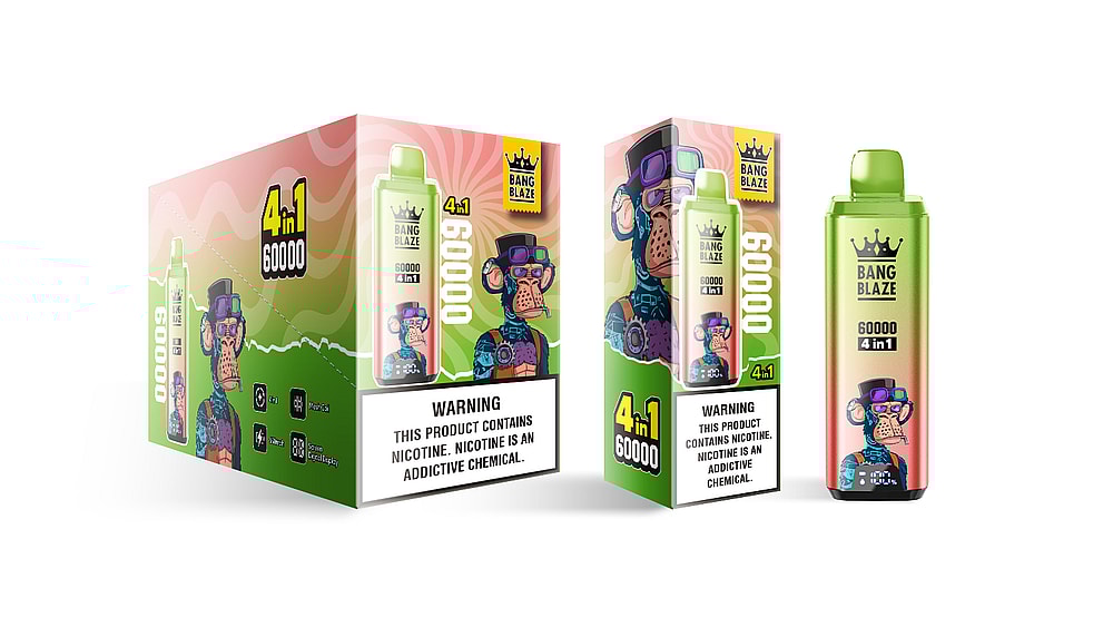 A brightly colored box and vape device labeled 'BANG BLAZE 60000 4 in 1,' featuring an illustrated cartoon monkey wearing a top hat and sunglasses on the packaging, with warning labels about nicotine content clearly visible.